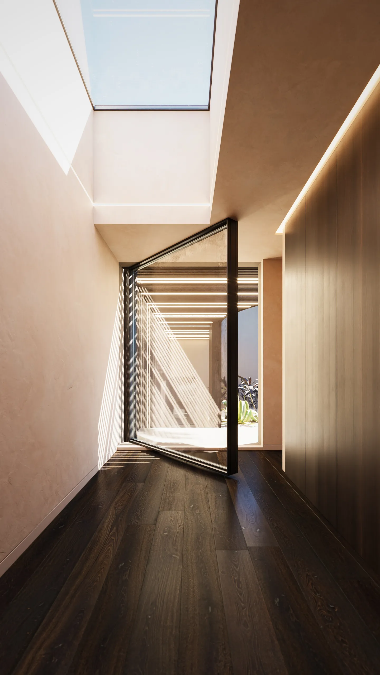 Corredor minimalista com piso de madeira escura, parede clara, painel de madeira à direita, claraboia no teto e porta de vidro abra aberta que deixa entrar luz natural.