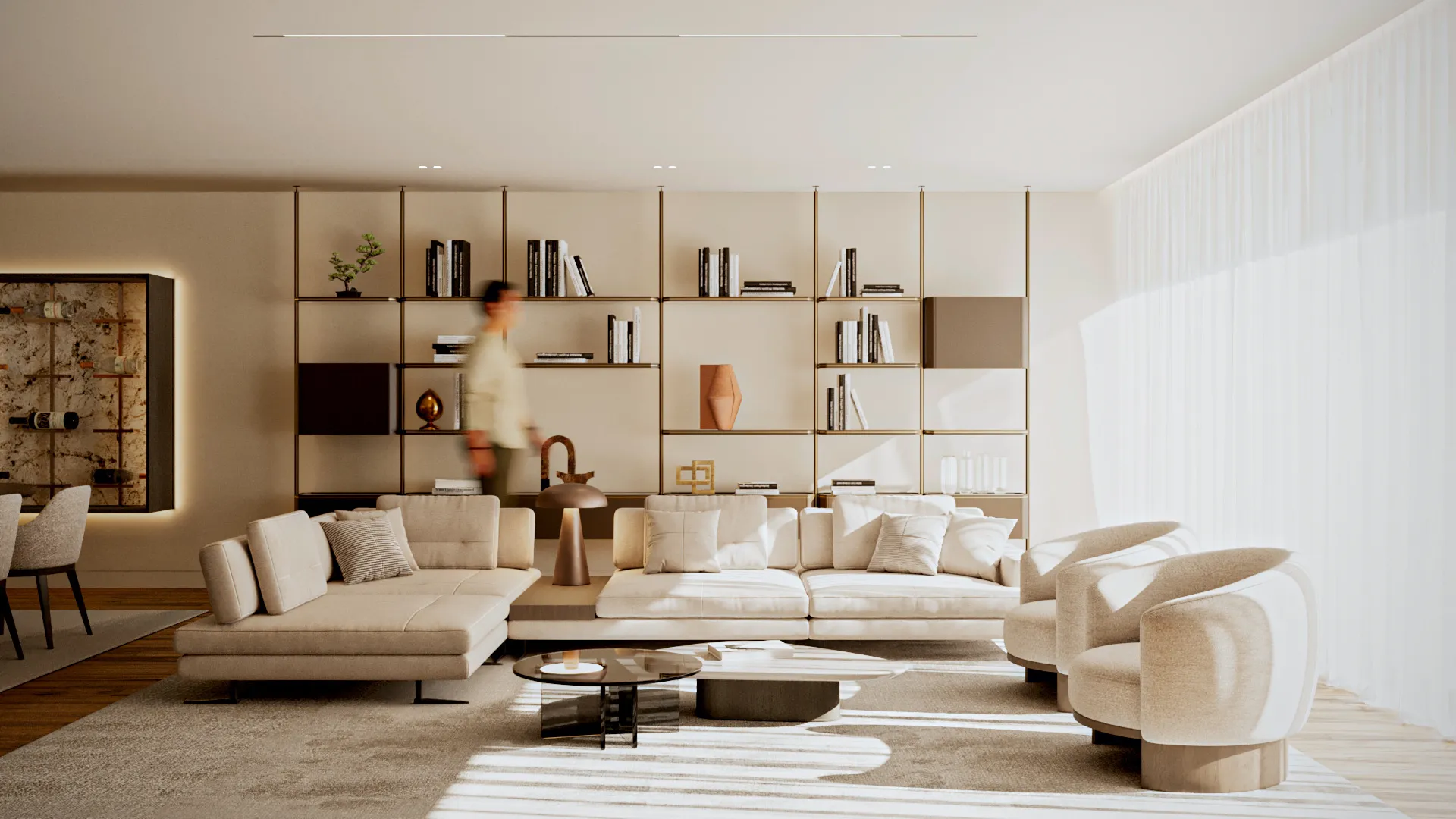 Cozinha moderna com armários de madeira escura, bancada com três banquetas e decoração minimalista.