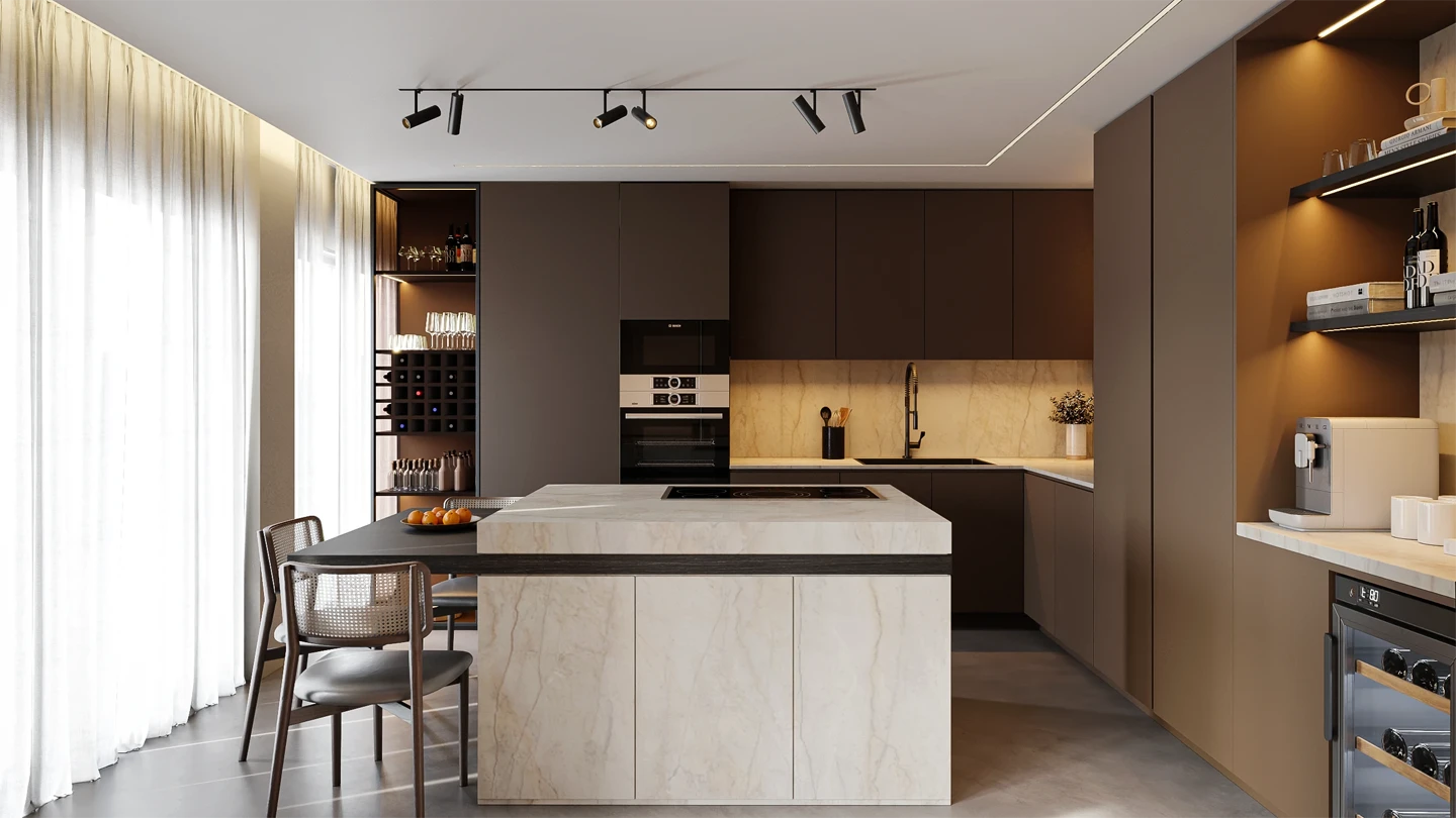 Entrada moderna com bancos brancos acolchoados, vaso com flores vermelhas e obra de arte com sombra de figura humana nas paredes escuras.