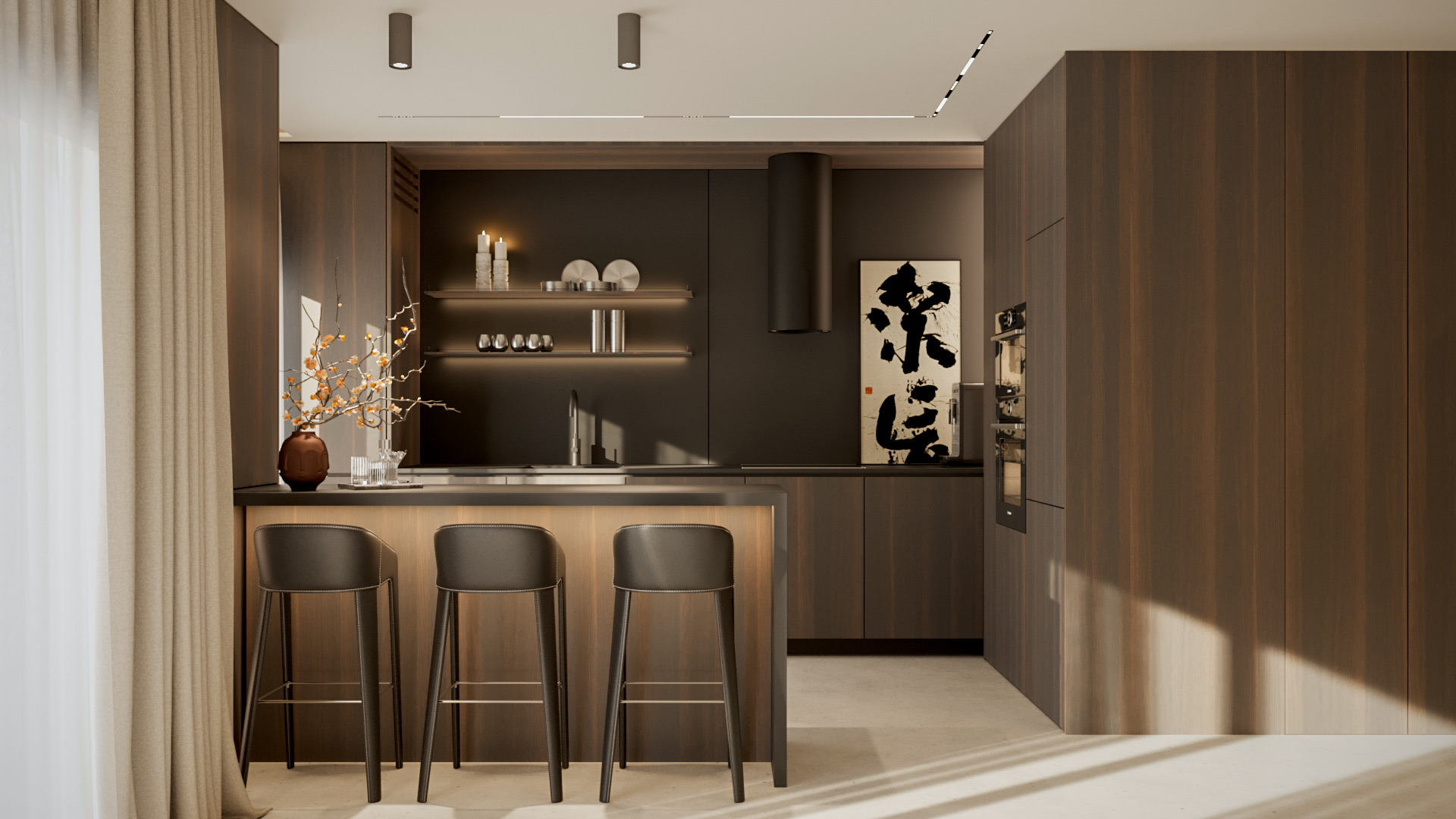 Cozinha moderna com armários de madeira escura, bancada com três banquetas e decoração minimalista.