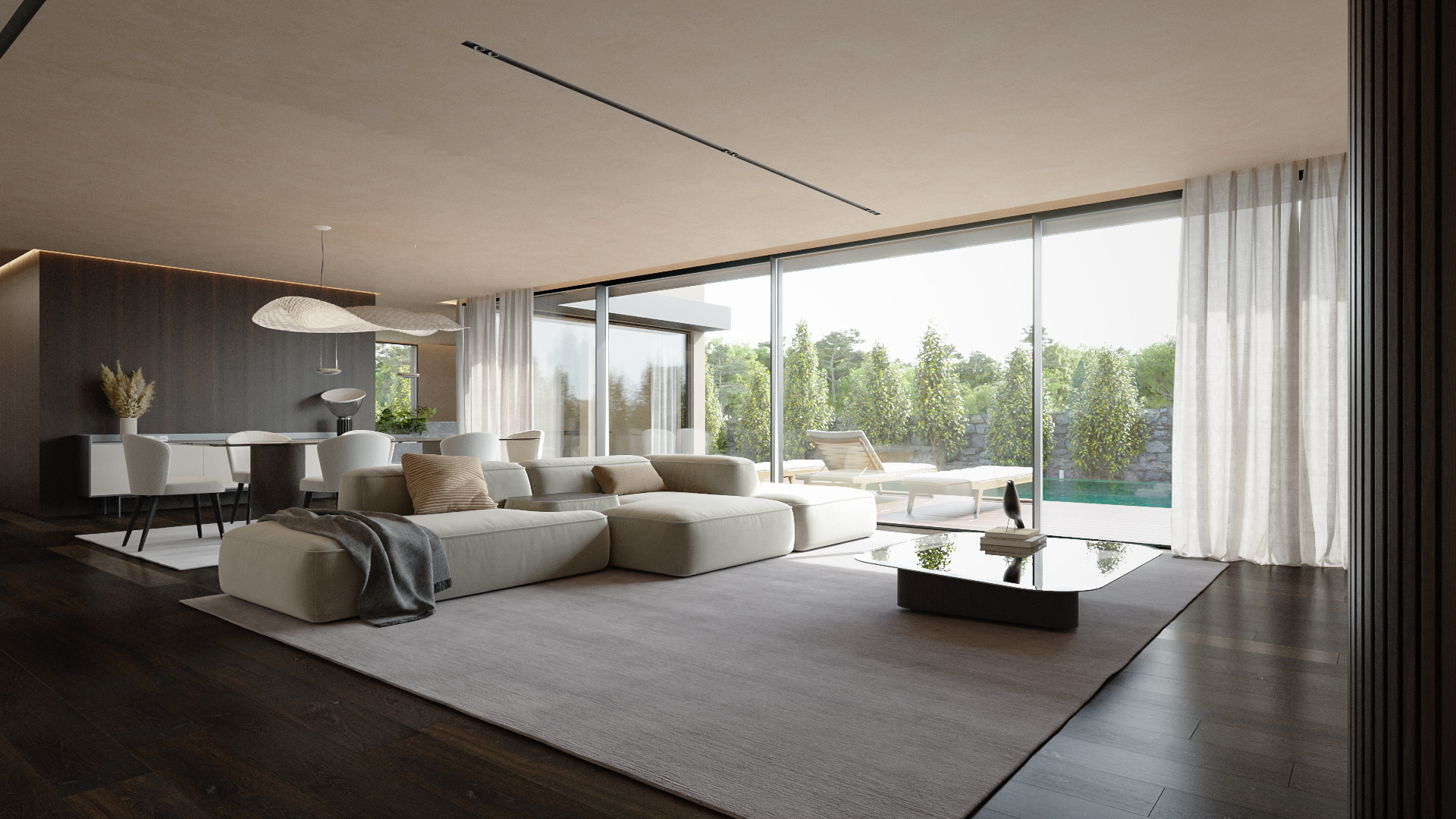 Sala de estar moderna com sofá em forma de U, mesa de centro espelhada, área de jantar ao fundo e grandes janelas de vidro com vista para piscina e jardim.