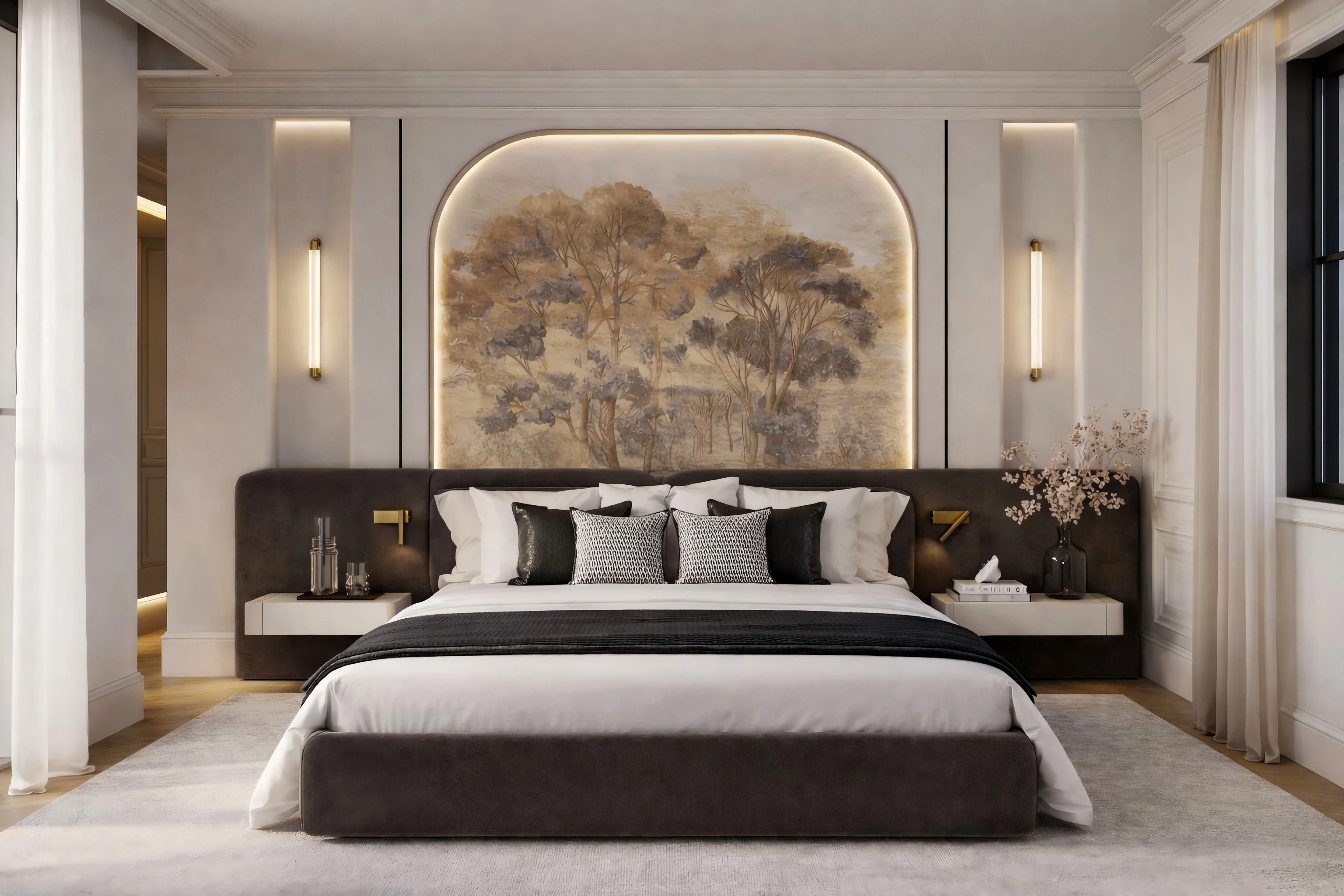 Quarto elegante com cama grande de dossel estofada em tons cinza, almofadas decorativas em preto e branco, luminárias verticais nas paredes brancas e um painel iluminado com pintura de árvores atrás da cabeceira.