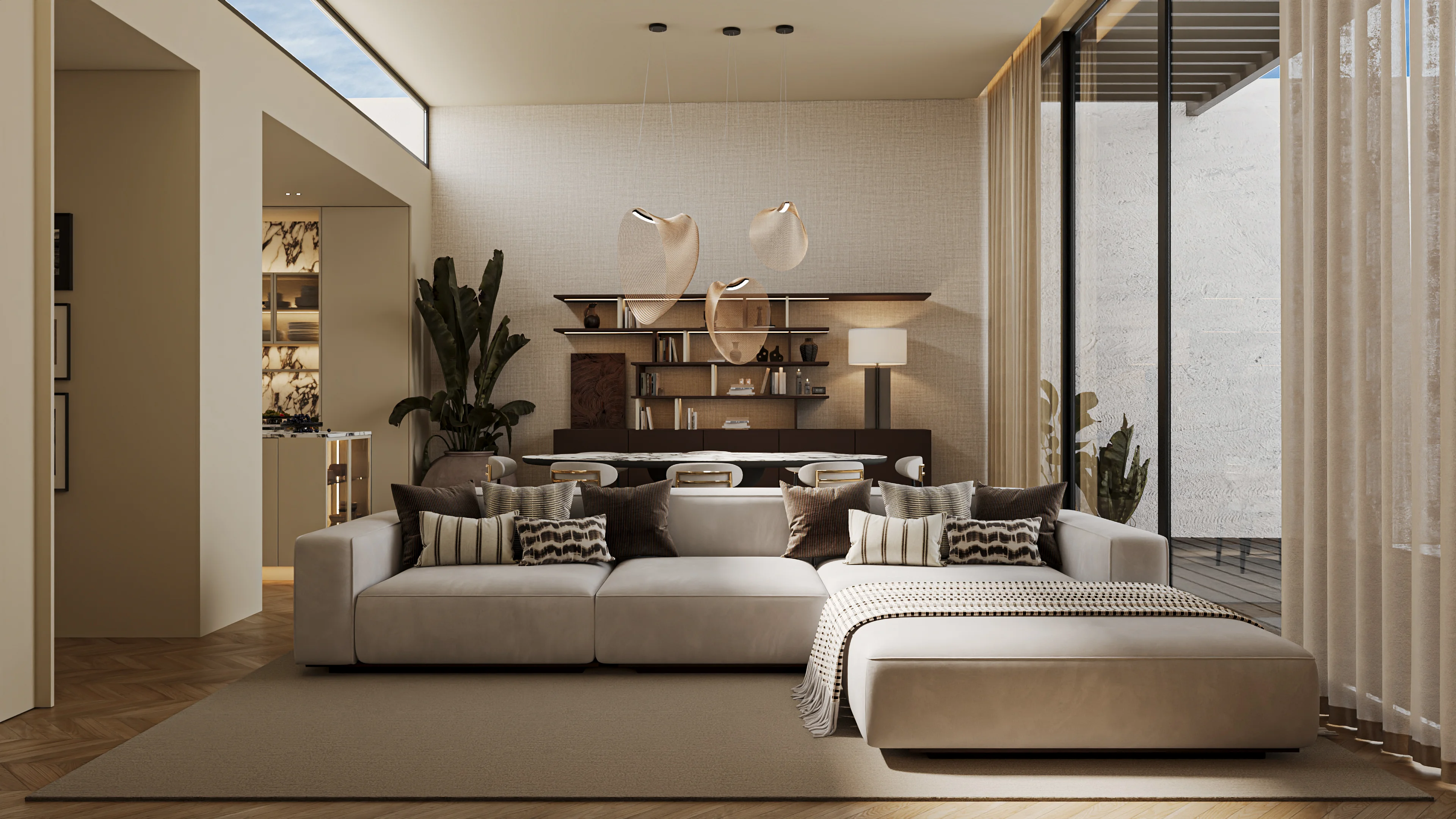 Sala de estar moderna com sofá em L marrom, duas mesas de centro redondas, estantes com troféus e livros, e janela grande com cortinas claras.