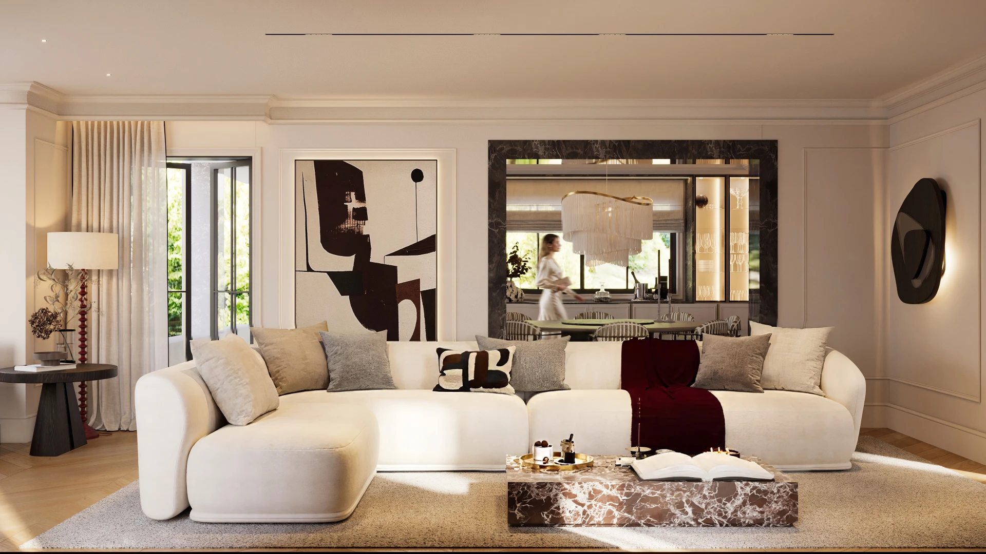 Sala de estar moderna com sofá branco em forma de L, almofadas cinza e bege, mesa de centro de mármore e luminária pendente.