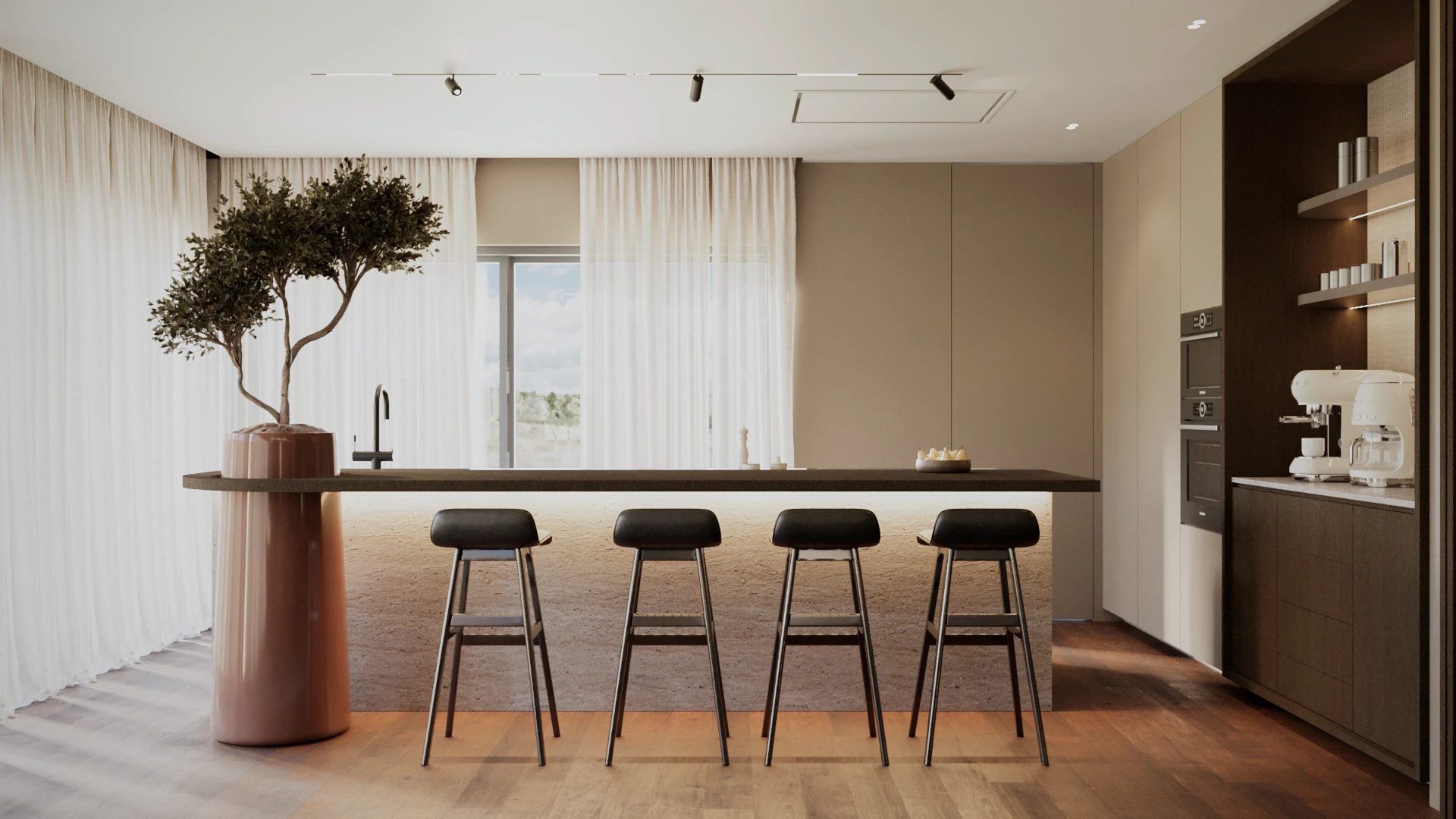 Cozinha moderna com ilha central integrada a uma planta em vaso alto, quatro banquetas pretas e armários embutidos com eletrodomésticos na parede.