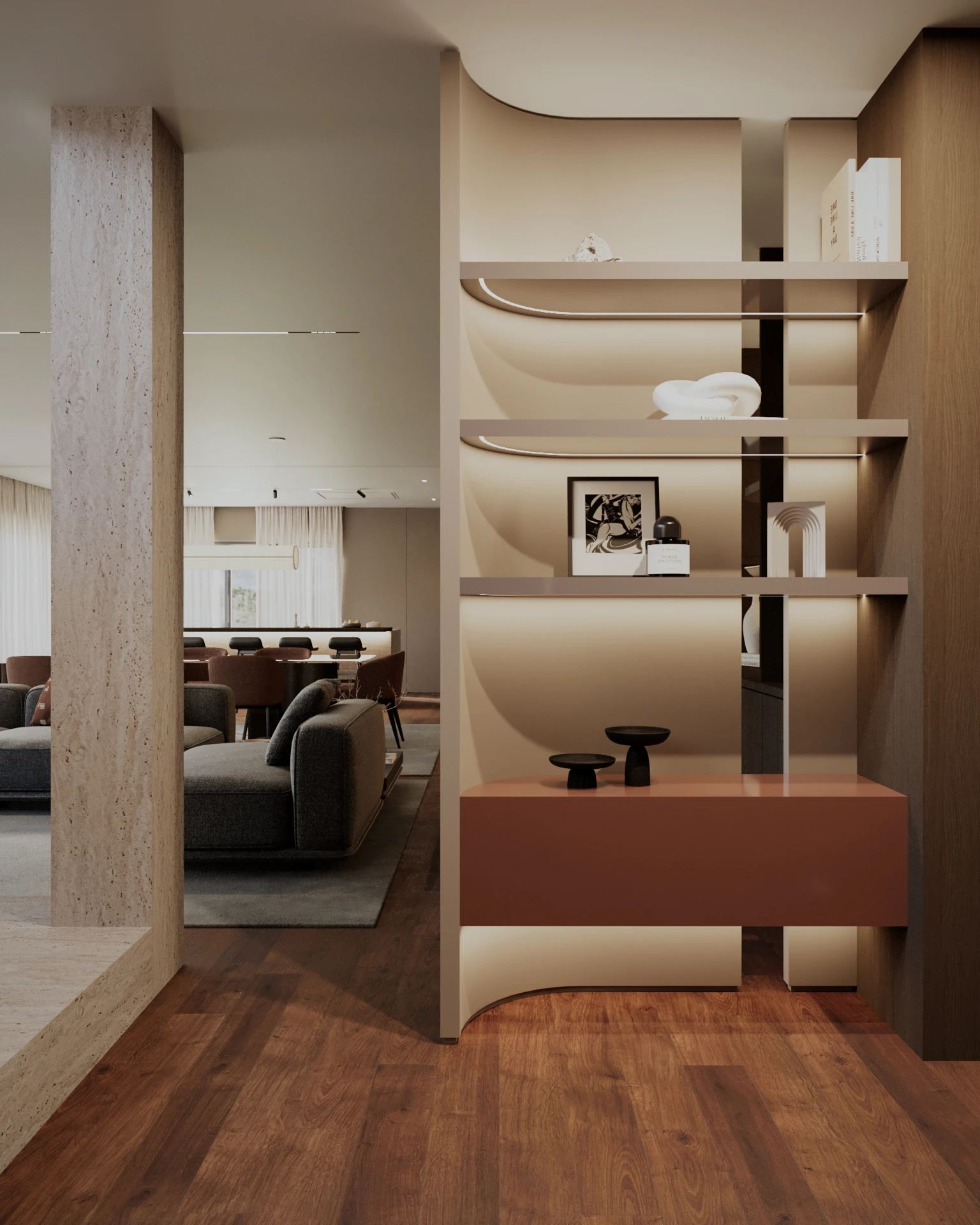 Estante embutida iluminada com objetos decorativos e gaveta suspensa em ambiente moderno com sofá cinza e mesa de jantar ao fundo.