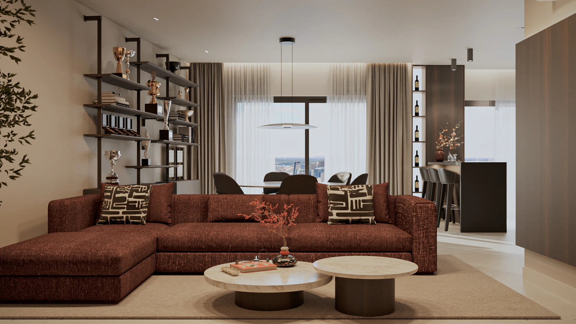 Sala de estar moderna com sofá marrom em L, duas mesas de centro redondas, prateleiras com troféus e vasos, e grande janela com vista urbana ao fundo.