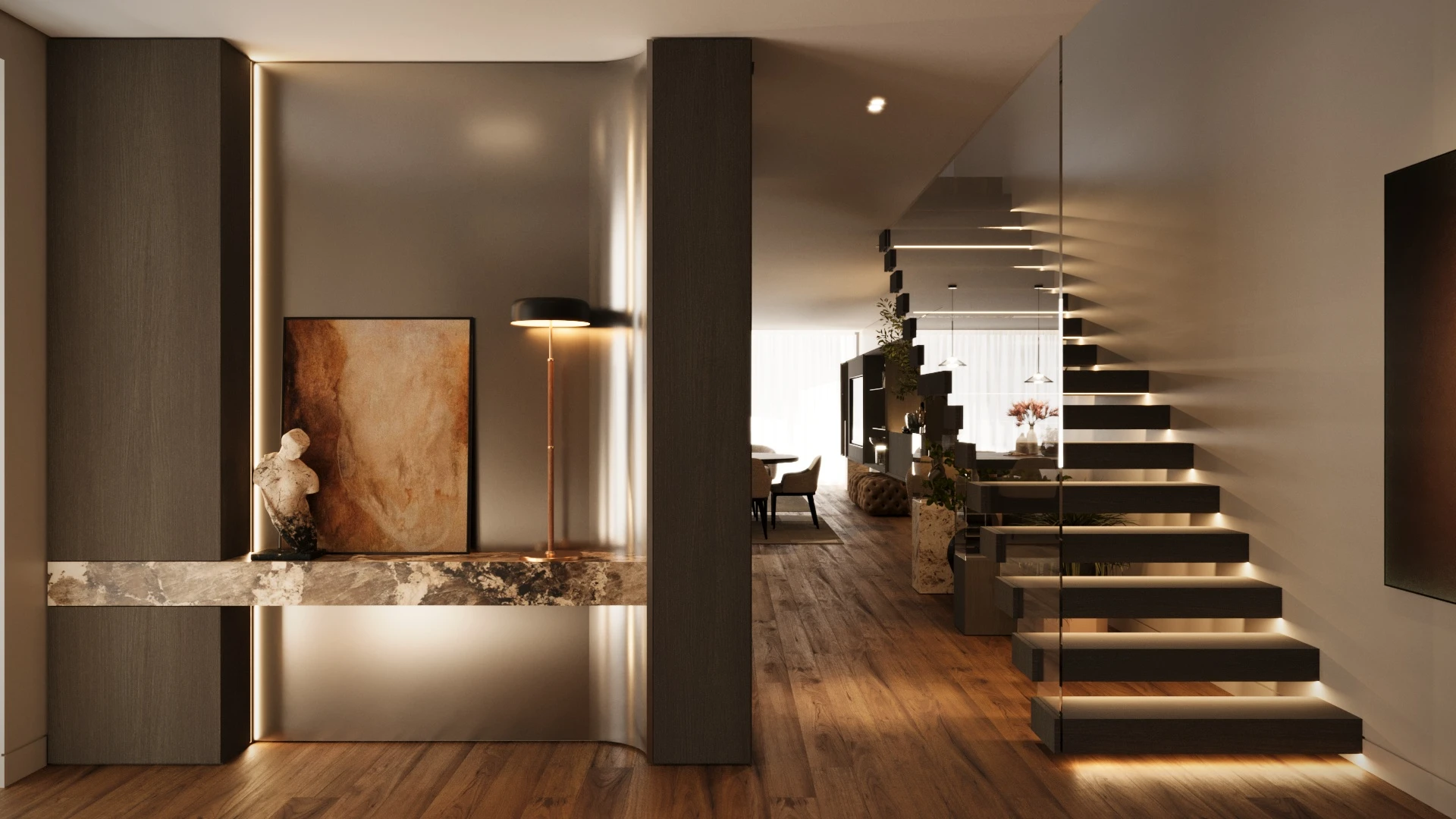 Entrada elegante com escada flutuante iluminada, piso de madeira e área de estar ao fundo.