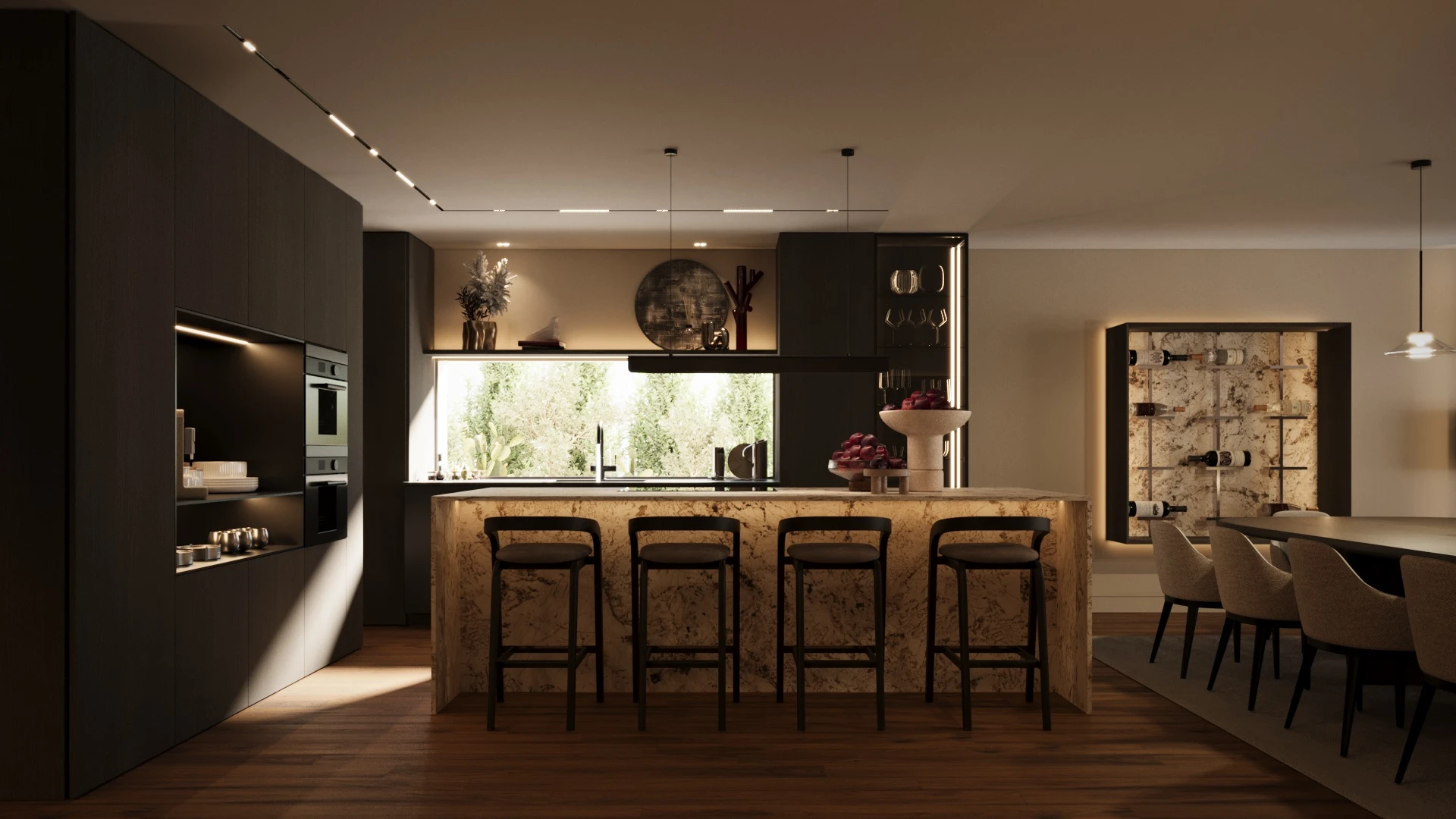 Cozinha moderna com ilha de mármore, quatro banquetas, armários escuros e janela grande com vista para vegetação.