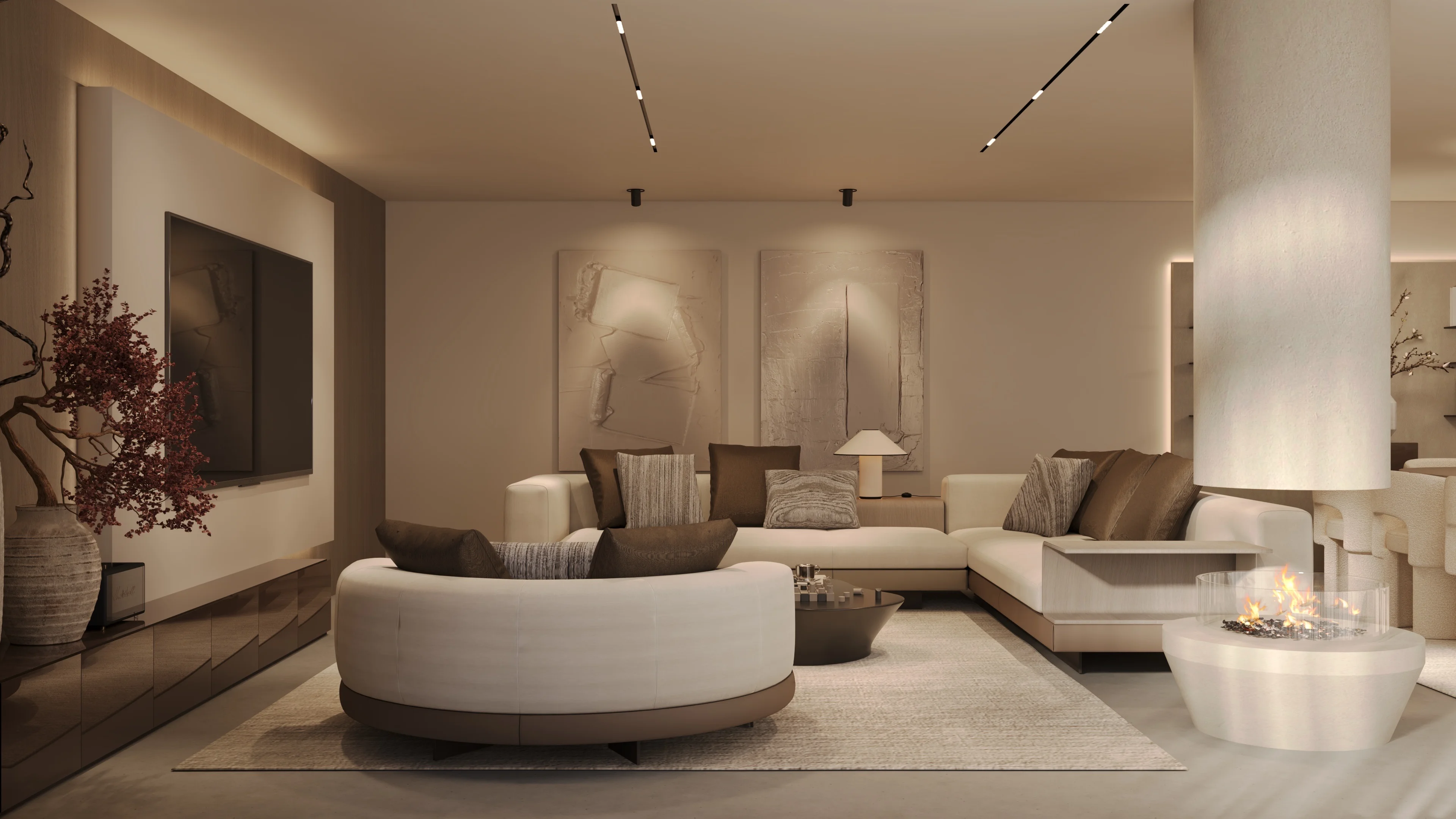 Sala de estar moderna com sofá em L bege com almofadas marrons, lareira redonda com fogo, televisão montada na parede e vaso com flores secas.