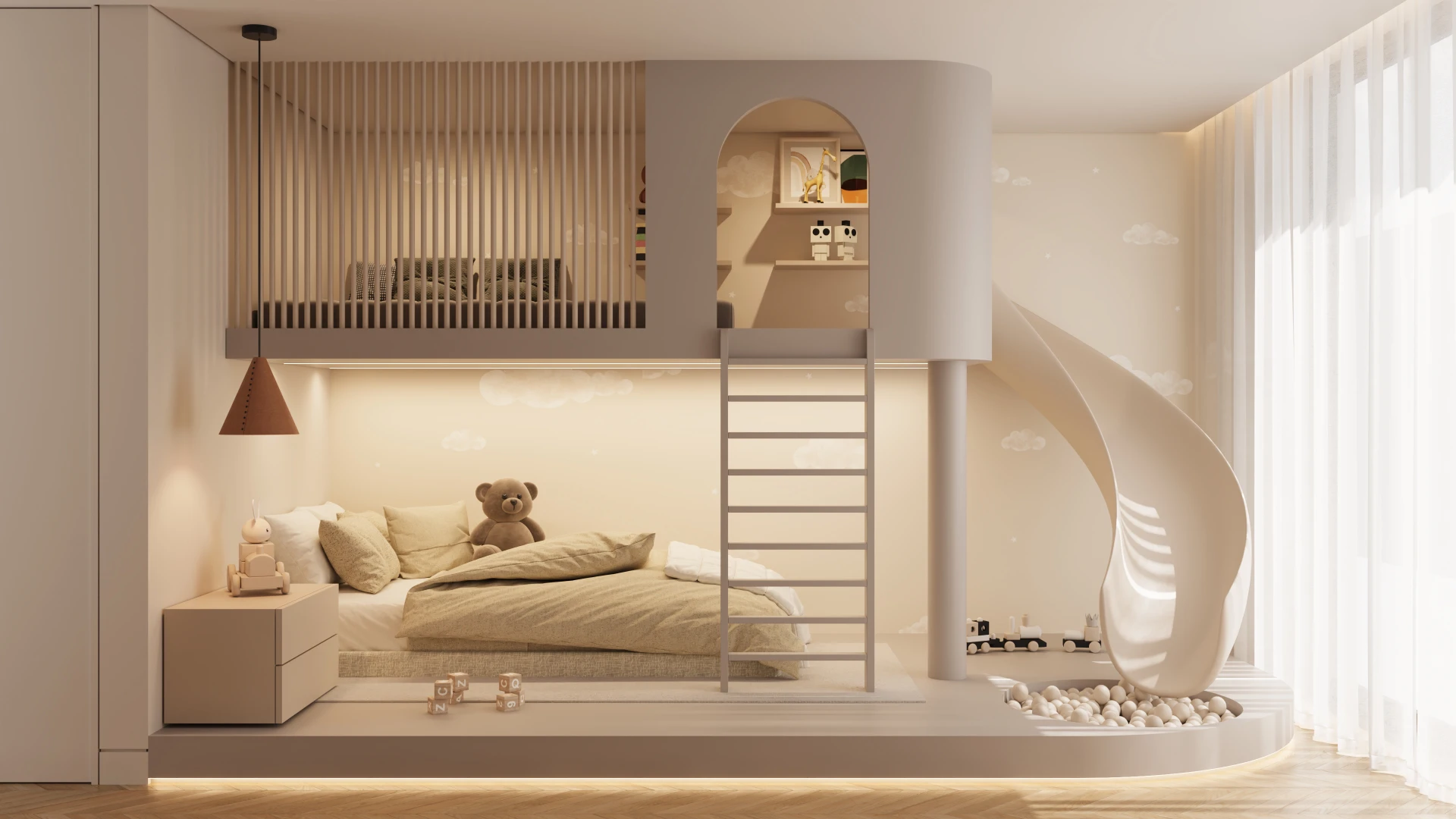 Sala de estar moderna com sofá claro, mesa de centro espelhada, grandes janelas de vidro e vista para área externa com lounge e piscina.