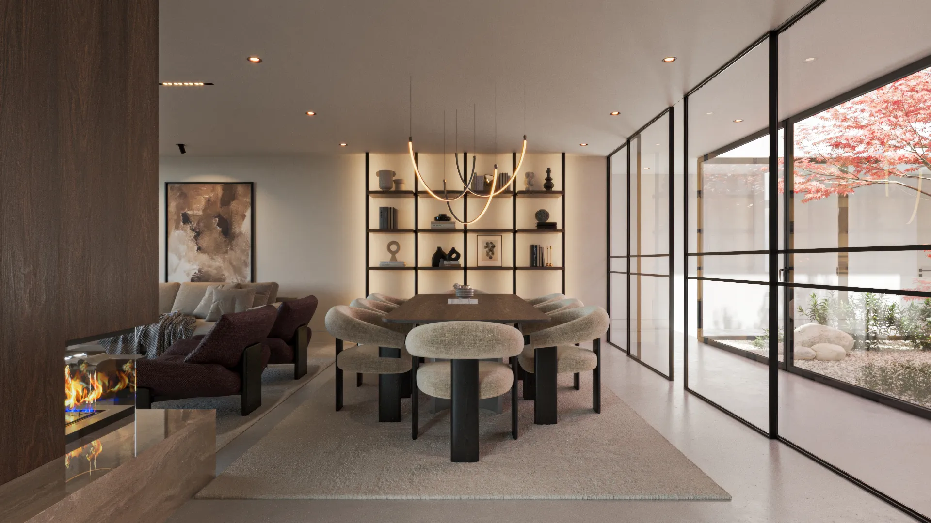 Entrada moderna com bancos brancos acolchoados, vaso com flores vermelhas e obra de arte com sombra de figura humana nas paredes escuras.