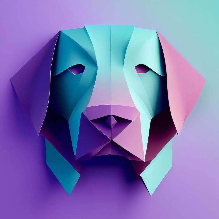 Colorful geometric illustration of a dog's head resembling folded paper art in shades of teal and pink.