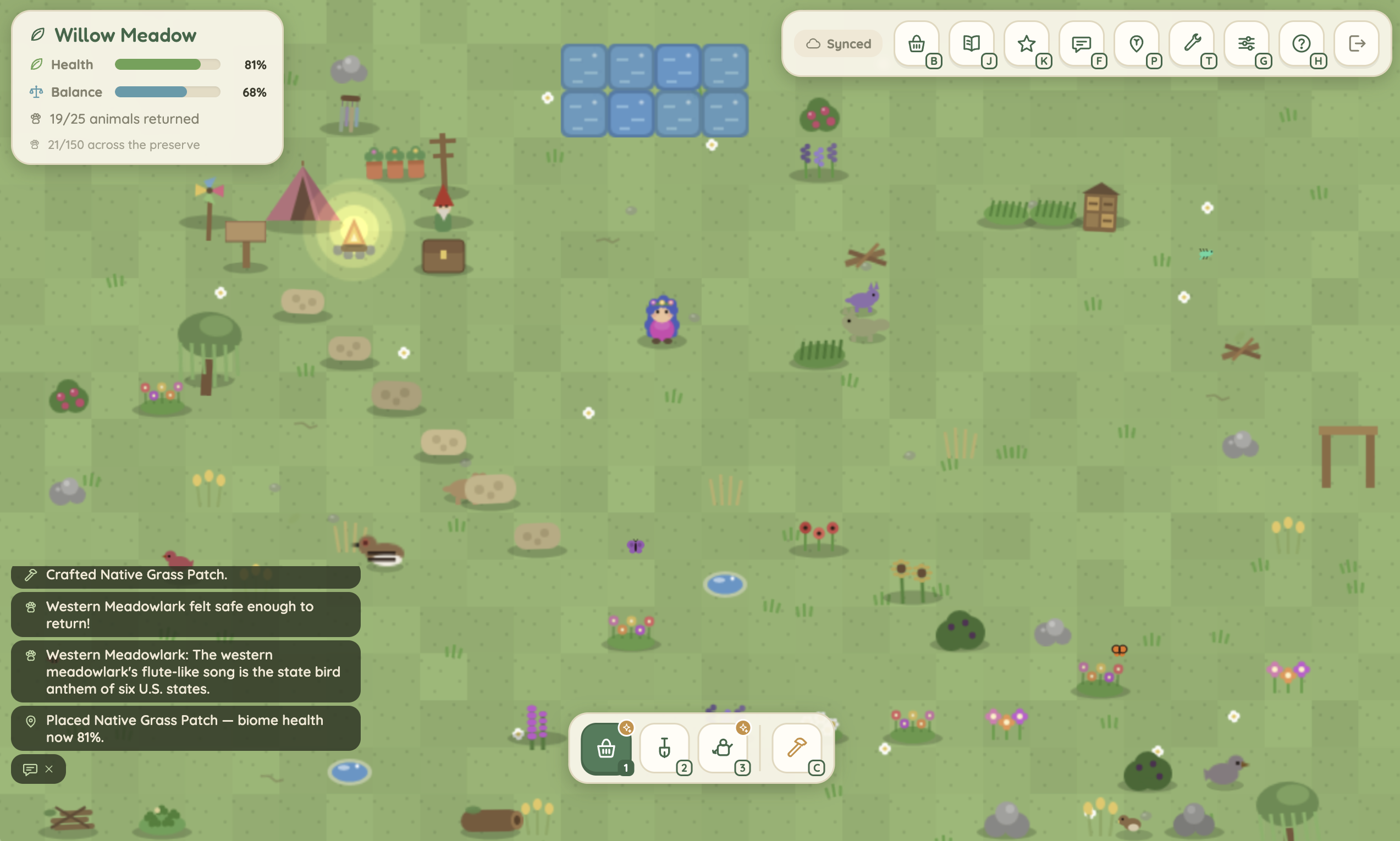 Cozy pixel-art screenshot of the Willow Meadow biome: a player avatar in a green nature preserve with a tent, ponds, plants, and a HUD showing biome health and returned animals.