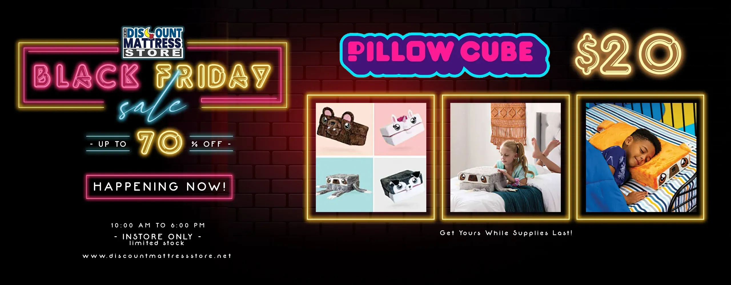 black friday ad showing neon signs and 70% off