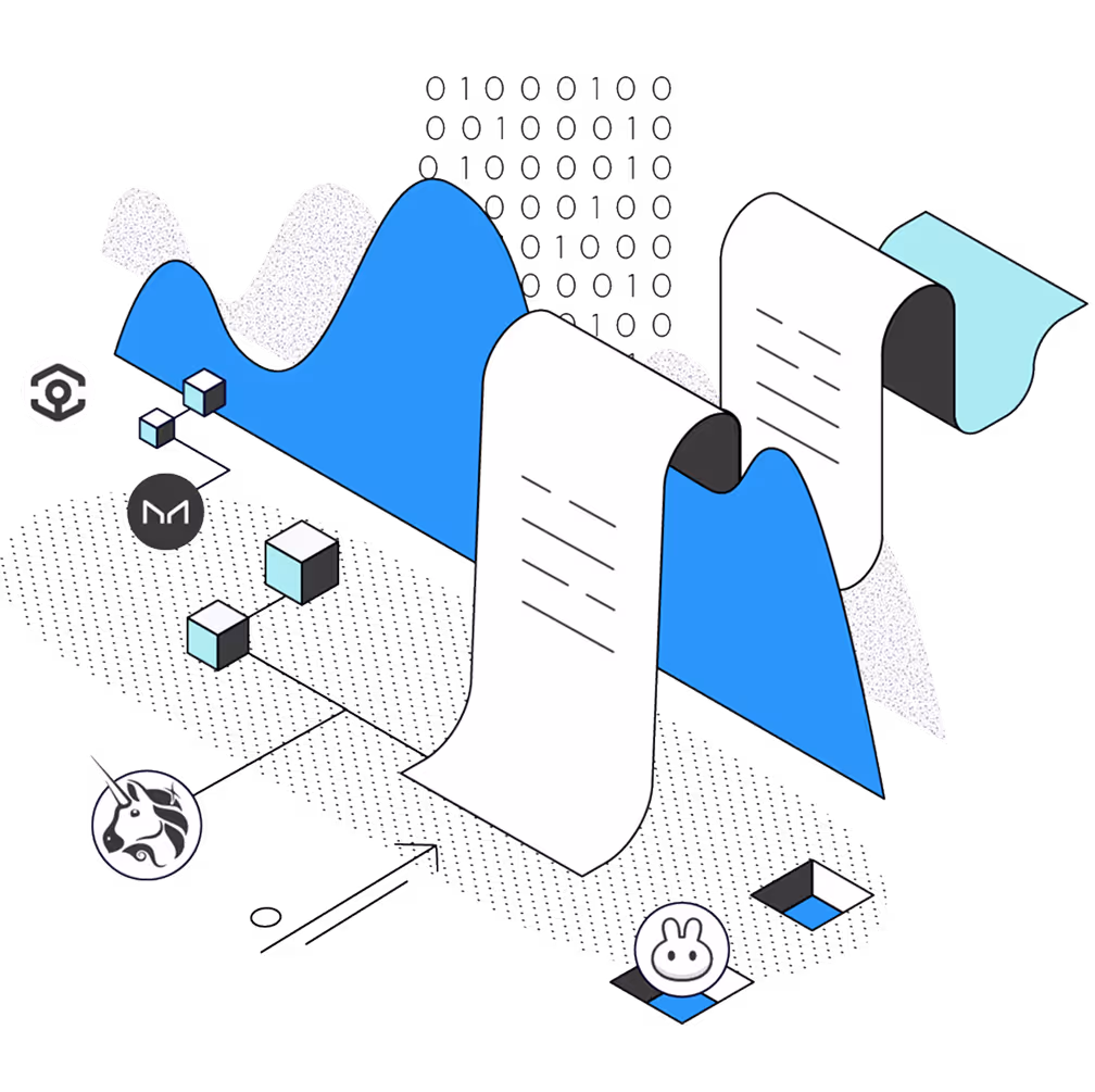 Illustration of blockchain data flow with blue and white graphs, scroll-like papers, and DeFi protocol logos including Uniswap, MakerDAO, and PancakeSwap.