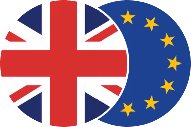 Overlapping circular icons of the United Kingdom flag and the European Union flag.