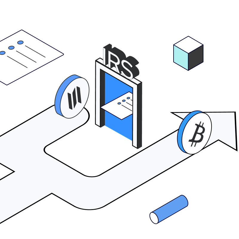 Illustration of a white arrow-shaped path branching toward an IRS doorway with crypto coins featuring Bitcoin and another digital currency symbol.