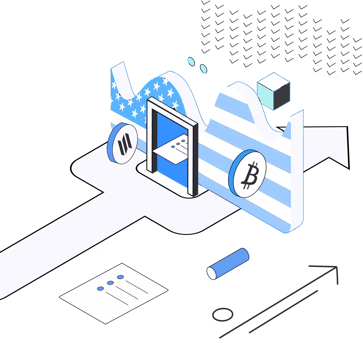 Illustration of a US flag in CountDeFi blue with crypto coins and a doorway, representing US crypto tax reporting.