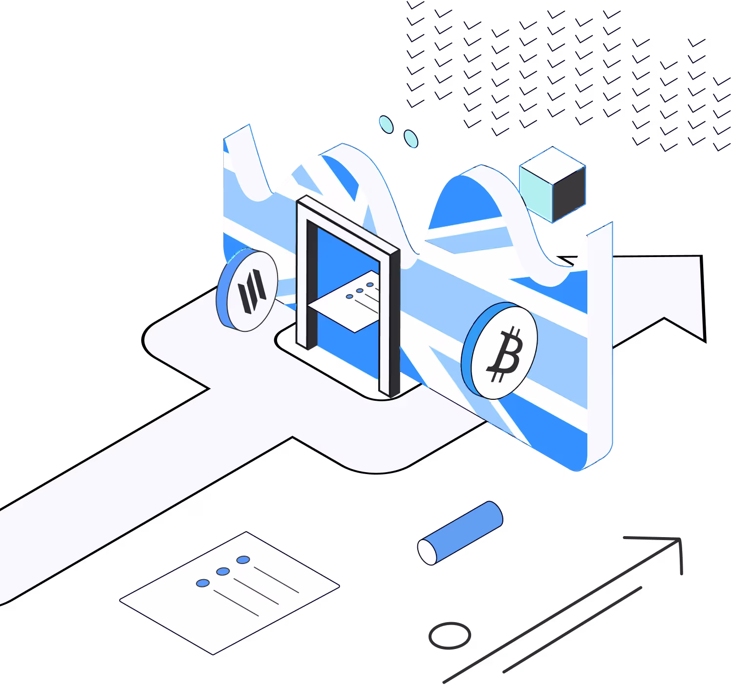 Illustration of a UK flag in CountDeFi blue with crypto coins and a doorway, representing HMRC crypto tax reporting.