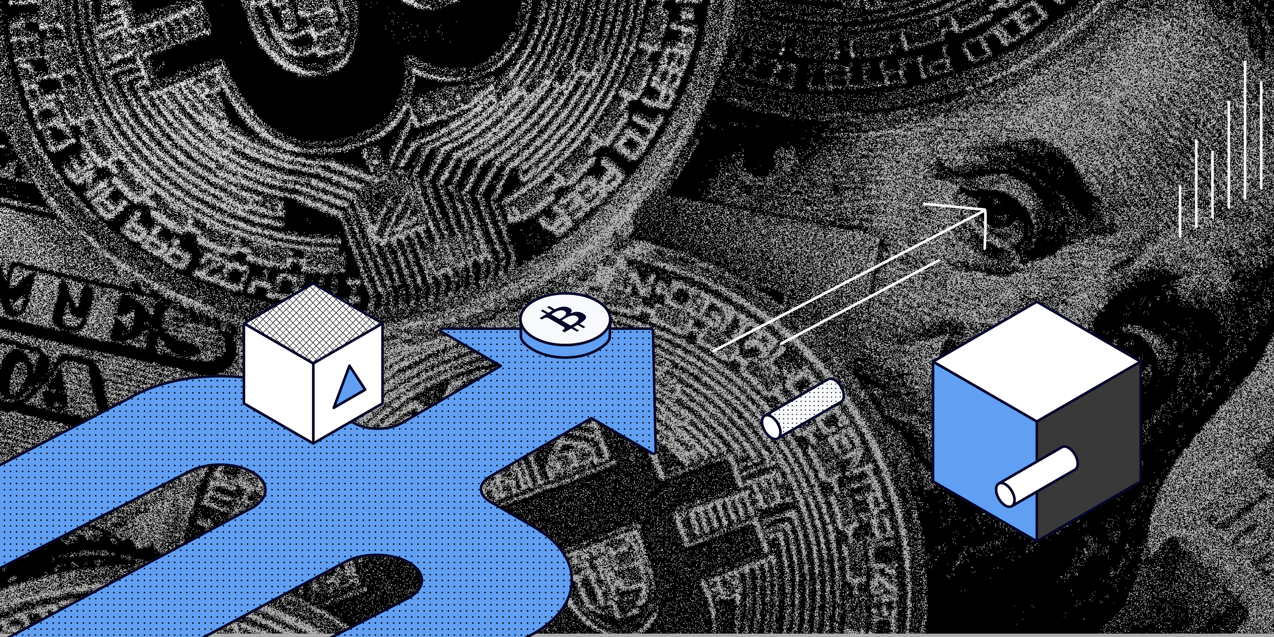 Crypto tokens like Bitcoin and dollars with and arrow showing growth