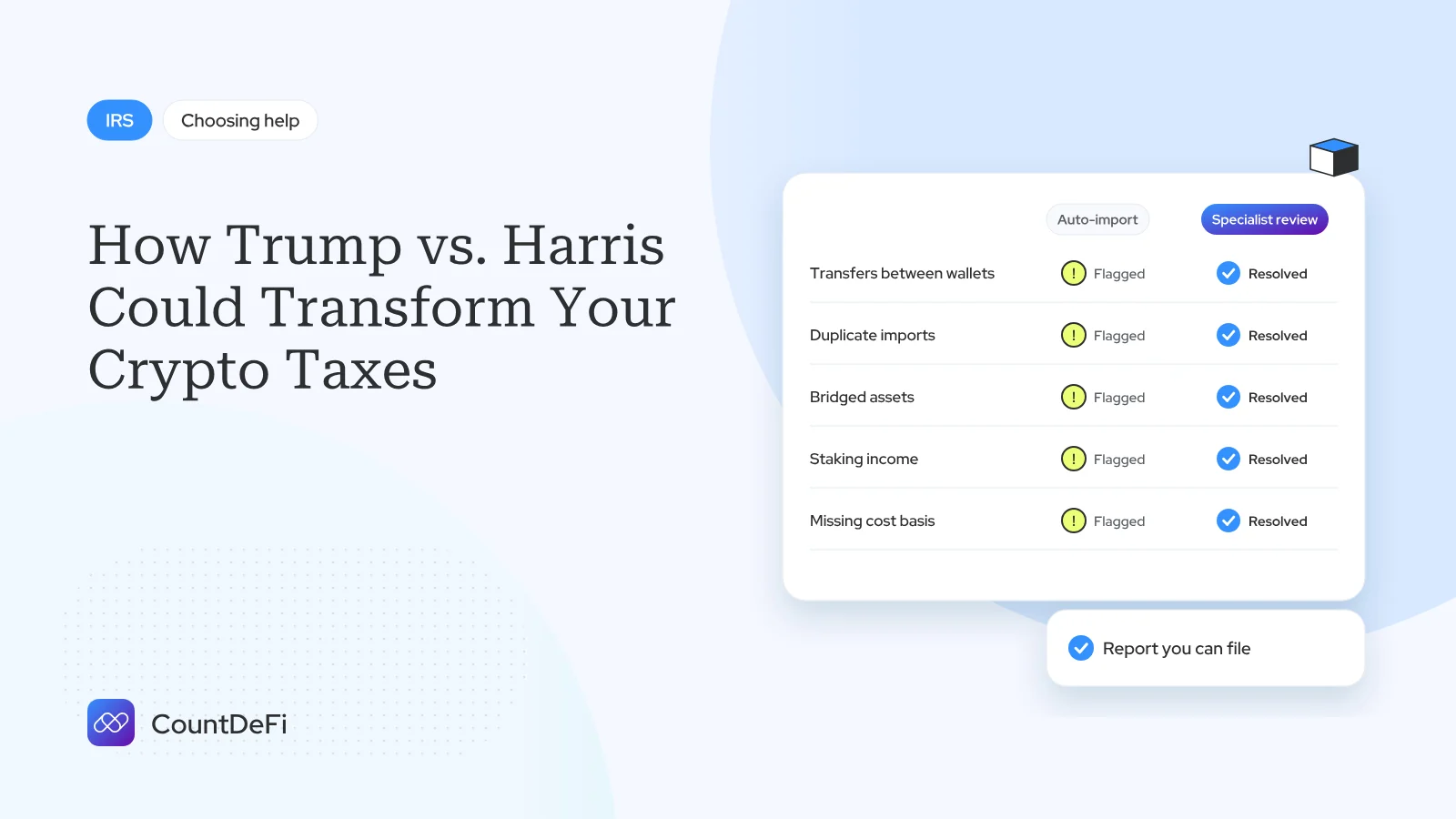Cover illustration for: How Trump vs. Harris Could Transform Your Crypto Taxes
