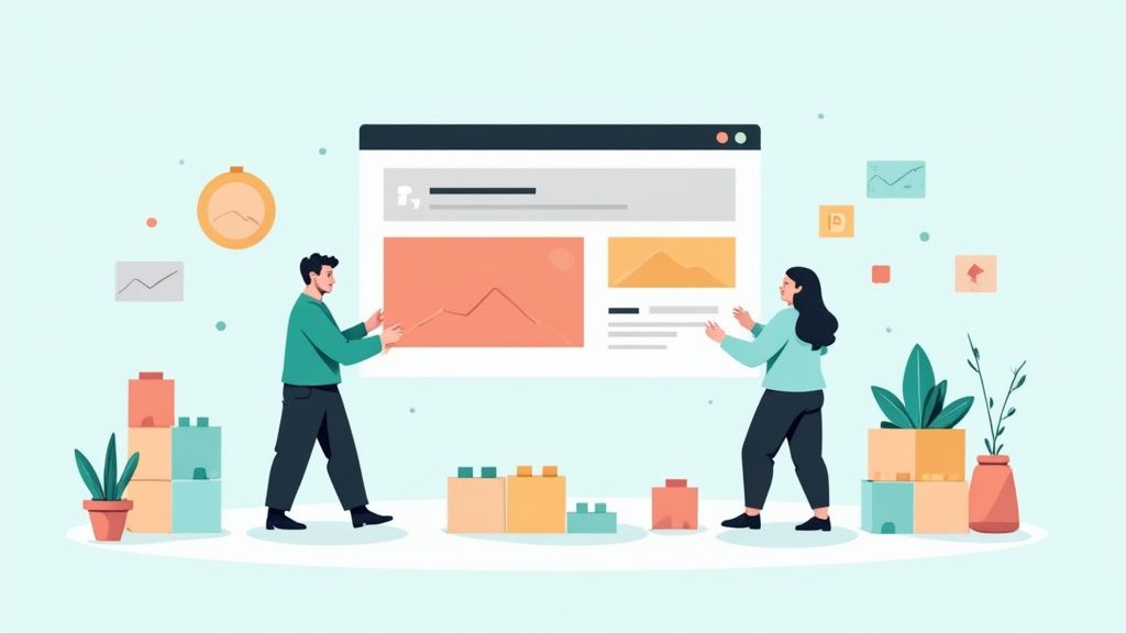 Een visualisatie van low-code development met visuele blokken en minimale code