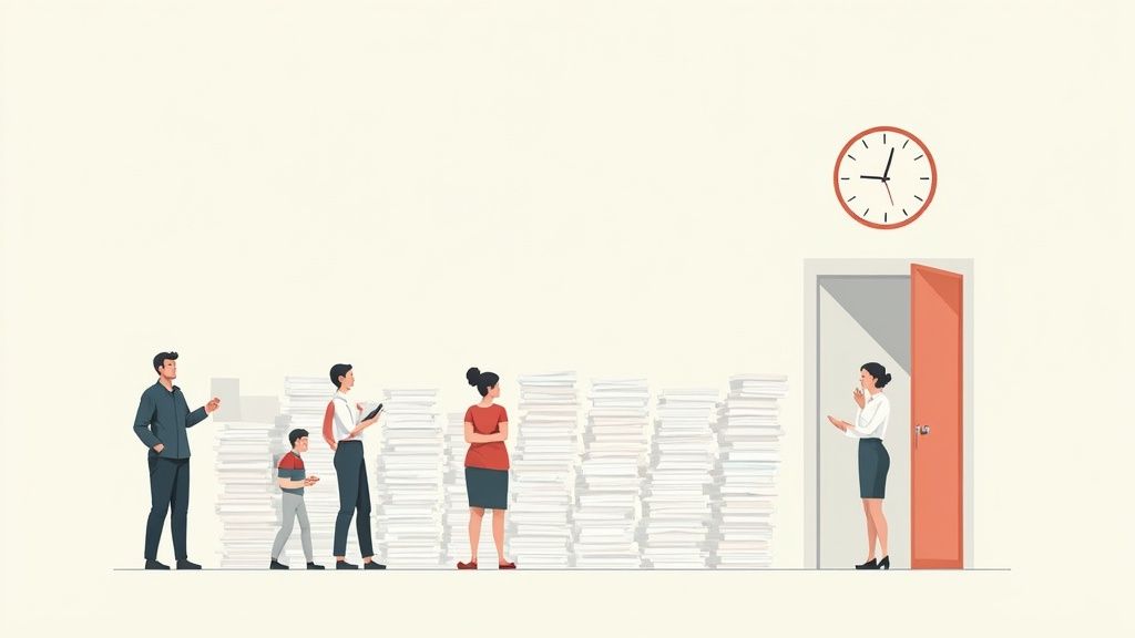 Een marketingteam gefrustreerd kijkend naar een laptop, wachtend op developers