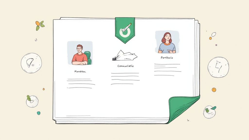 Open portfolio boek met illustraties van medewerkers, communicatie en projecten in groene accent kleuren