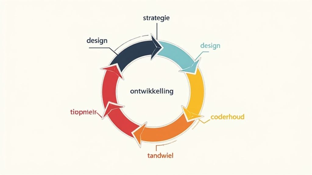 Circulair ontwikkelingsproces diagram met fasen: strategie, design, coderhoud, tandwiel, tiopmielr voor webontwikkeling