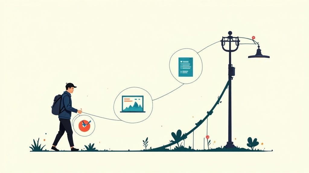 Persoon met rugzak loopt naar digitale telefoonpaal met iconen voor webontwikkeling en datavisualisatie