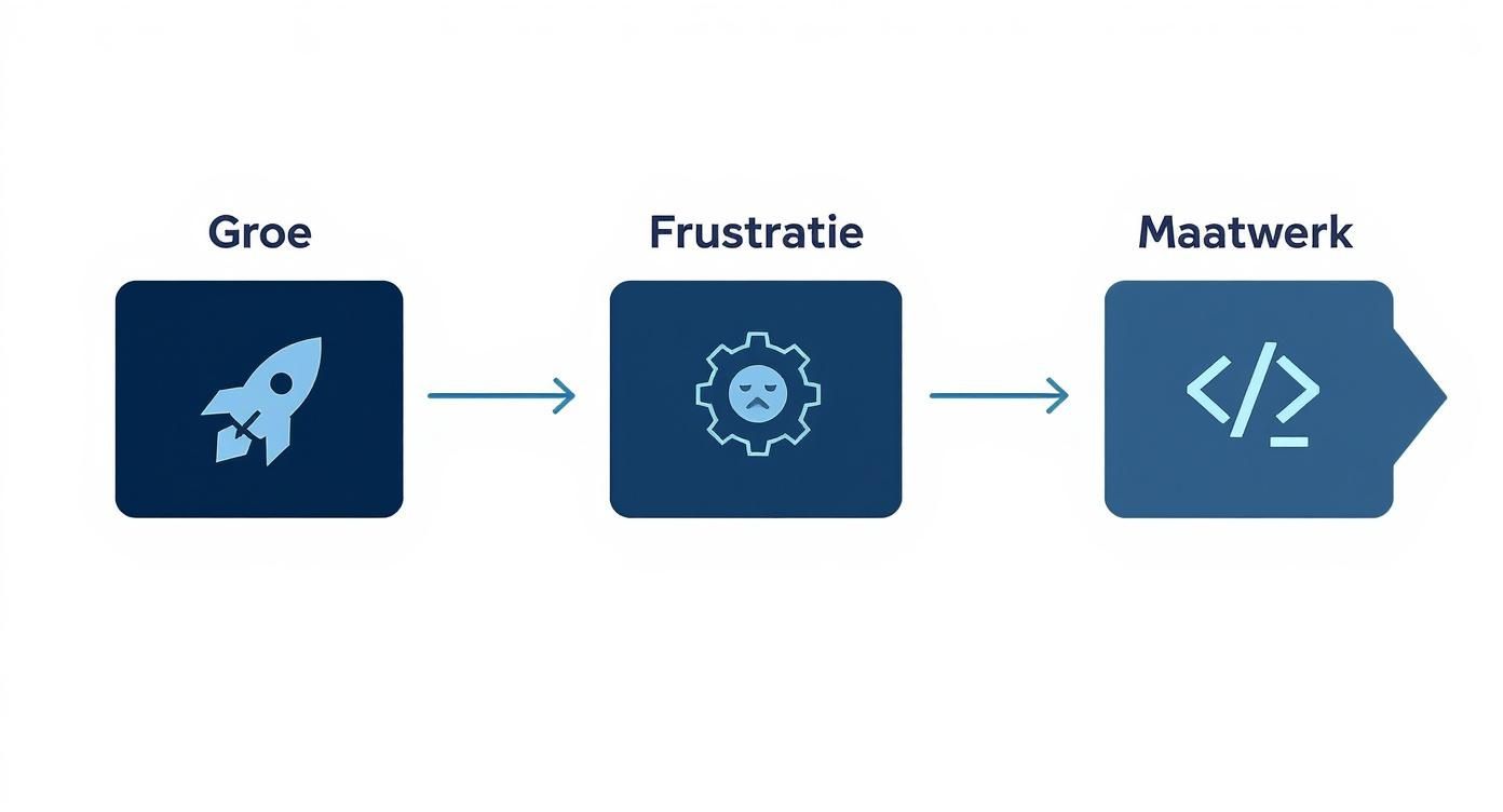 Visuele weergave van groei naar frustratie naar maatwerk in website ontwikkeling proces