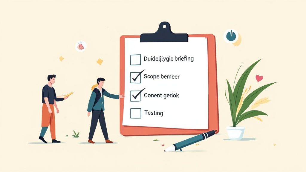 Klembord met projectchecklist waarop twee mensen samenwerken aan websiteontwikkeling taken