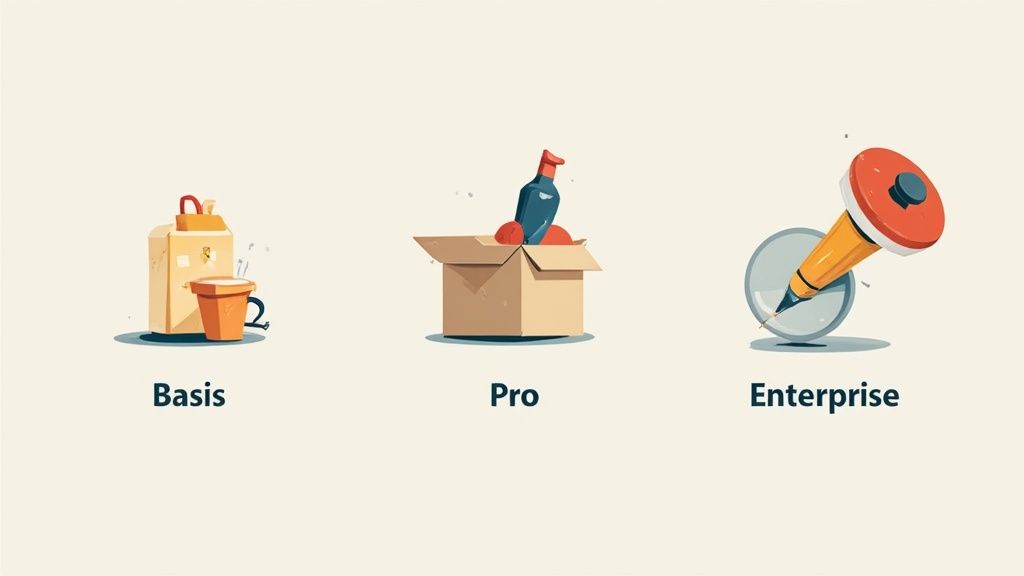 Drie website pakketten geïllustreerd: Basis met koffie, Pro met raket, Enterprise met megafoon