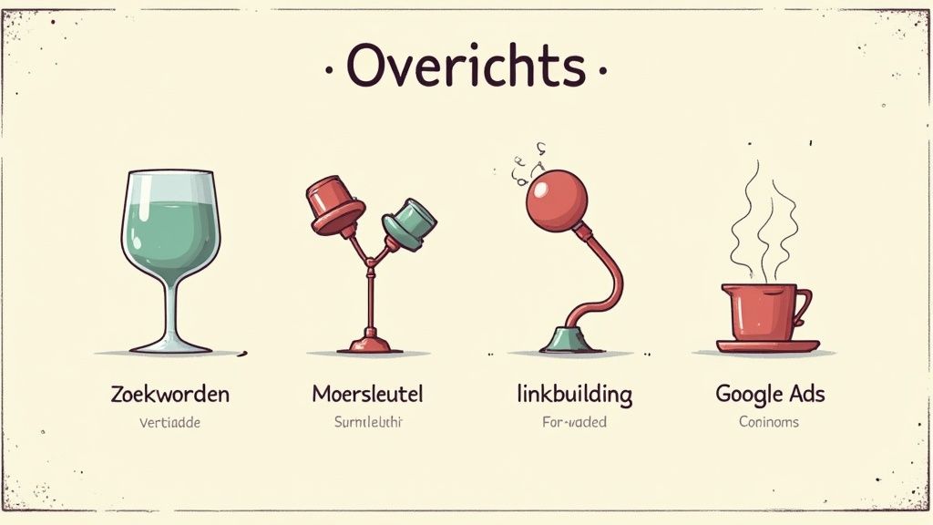 Overzicht van vier belangrijke online marketing strategieën: zoekwoorden, moersleutel, linkbuilding en Google Ads