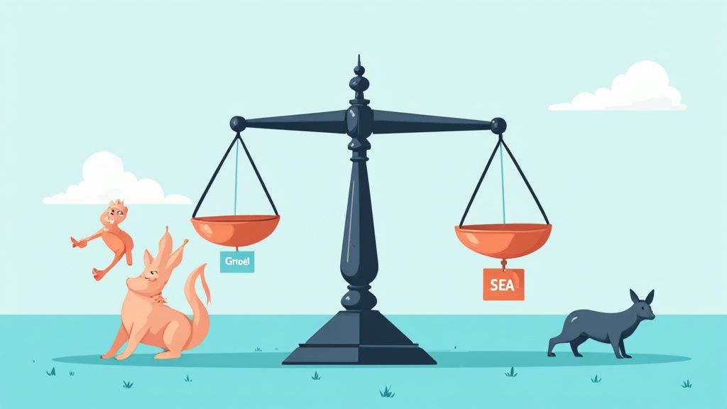 Weegschaal met Gnoe en SEA labels toont evenzicht tussen verschillende online marketing strategieën