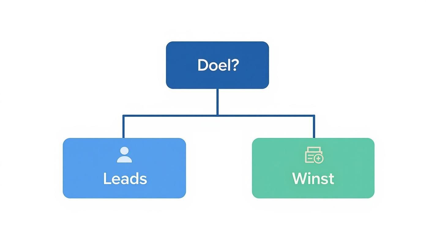 Stroomdiagram met Doel bovenaan, vertakkend naar Leads en Winst als belangrijkste marketingdoelen