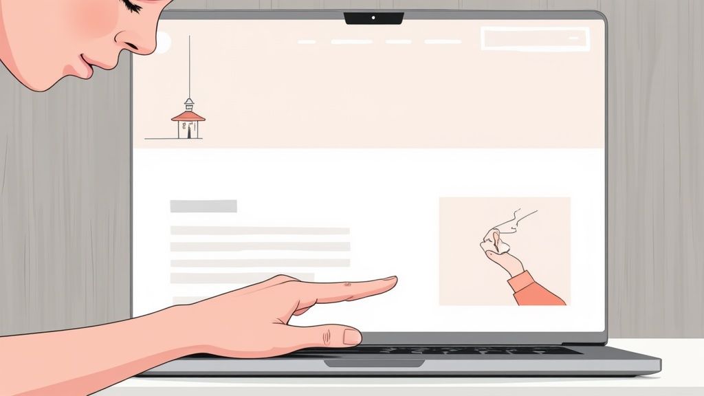 Vrouw bekijkt online marketing website op laptop met illustraties van digitale content en strategie