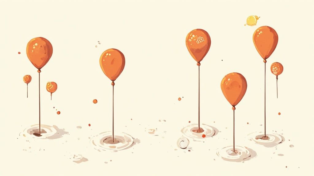 Een minimalistische illustratie van oranje ballonnen op stokken, geplant in een lichtgekleurde ondergrond met kringen.