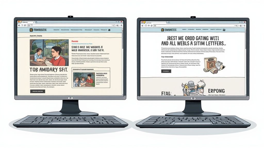 Twee computerschermen tonen webpagina's met artikelen en illustraties over website-inhoud.