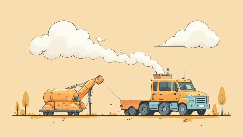 Een cartoonachtige illustratie van een gele vrachtwagen die een grote gele machine trekt onder witte wolken.