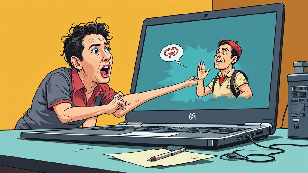 Verraste persoon met lange arm reikt in laptopscherm naar personage dat waarschuwt met een stopgebaar en fouticoon.