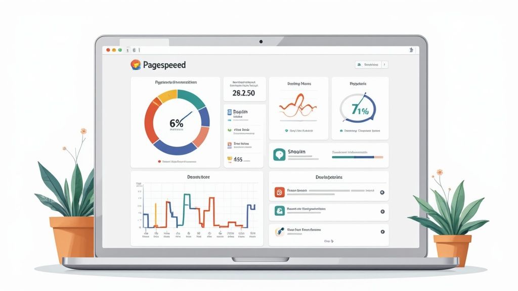 Laptop toont een Pagespeeed dashboard met diverse grafieken en prestatie-indicatoren, omringd door twee potplanten.