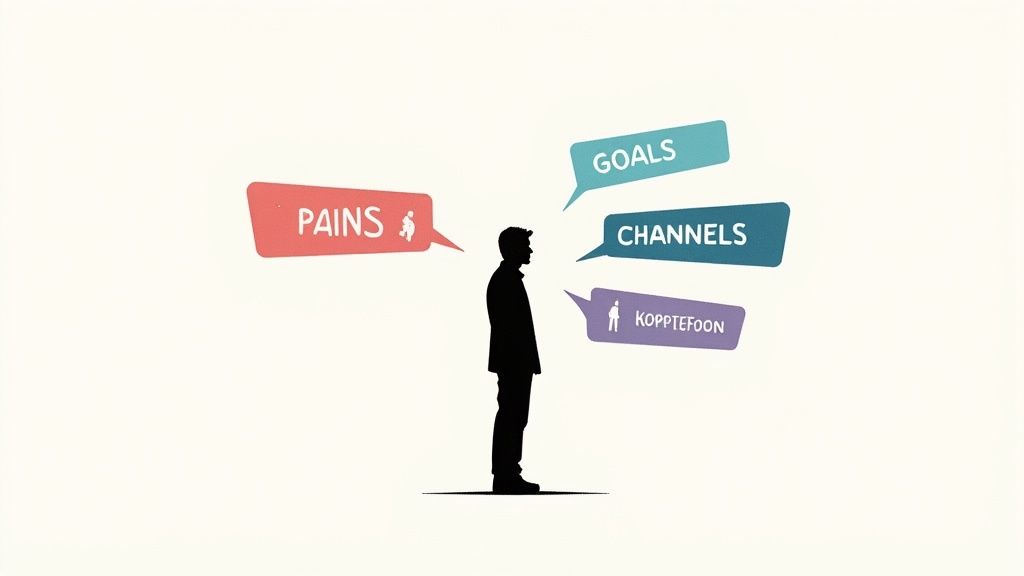 Illustratie van een man omringd door gedachtenwolkjes met de woorden Pains, Goals, Channels en Kopptefoon.