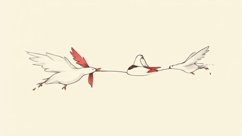 Drie gestileerde witte vogels met rode accenten vliegen in een rij, verbonden door een touw.