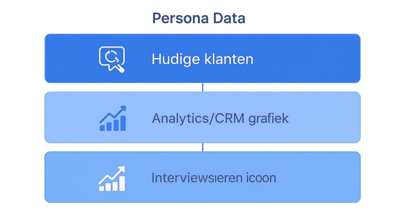 Een diagram over persona data, met stappen voor het verzamelen van klantinformatie: huidige klanten, analytics/CRM grafiek, en interviews.