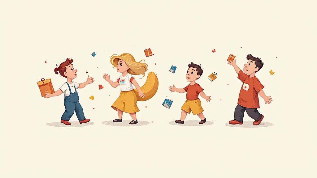 Vier blije kinderen, twee jongens en twee meisjes, spelen vrolijk met boeken en kleurrijke vormen.