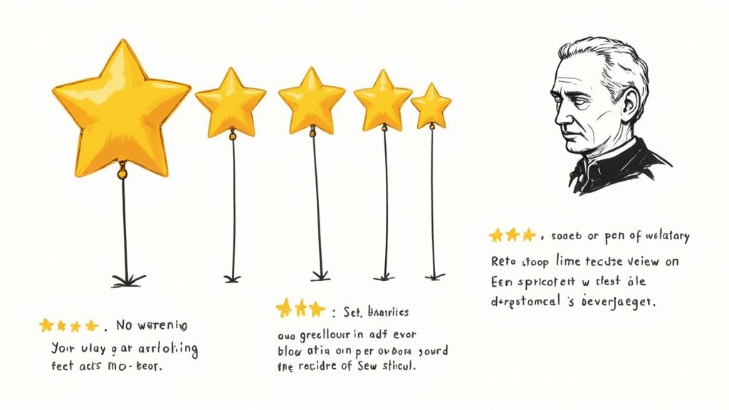 Vijf gele stervormige ballonnen, een schets van een man en onleesbare tekstblokken op een witte achtergrond.