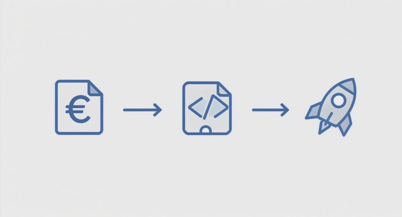 Een schematische weergave van een euro-symbool, code-symbool en raket, die de fasen van investering, ontwikkeling en lancering symboliseert.