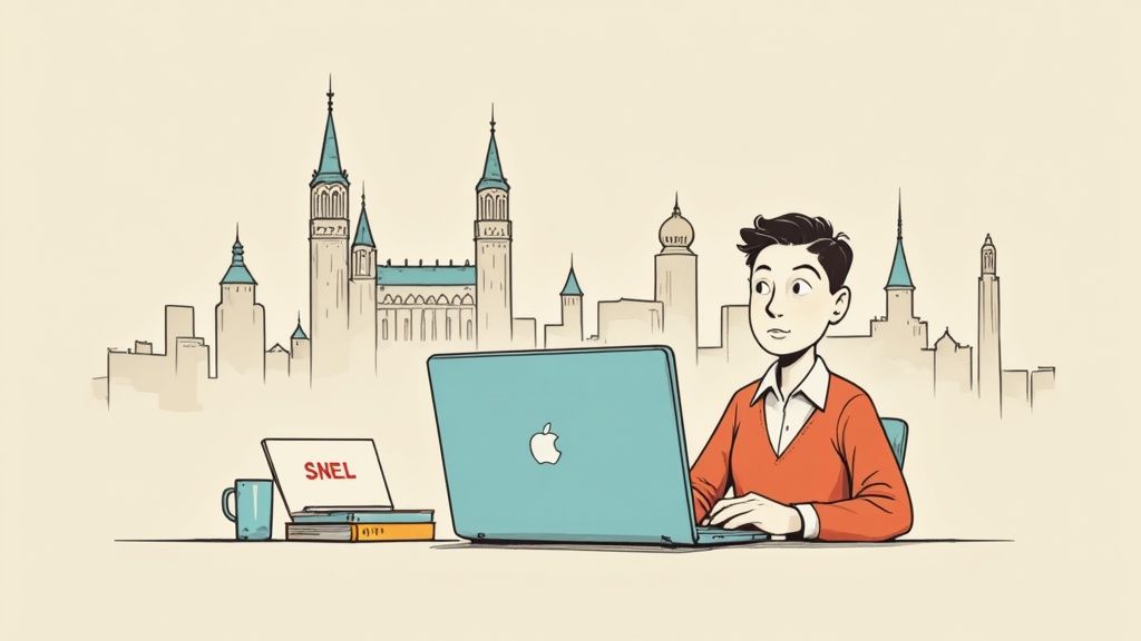 Cartoon man werkt op laptop met stadsgezicht, boeken en SNEL-laptop op tafel.